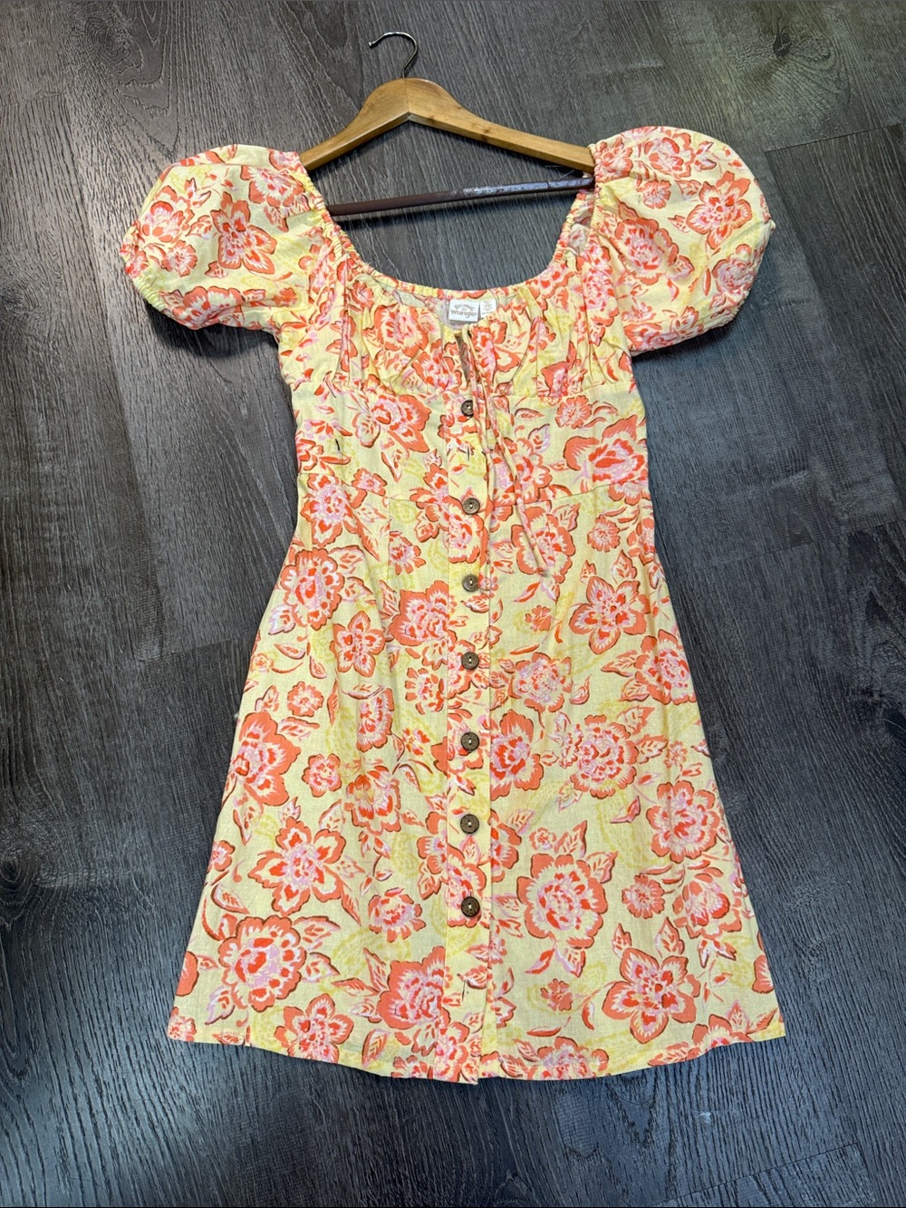 Wrangler Yellow Floral Tie-Neck Top with Coral and Blush Accents